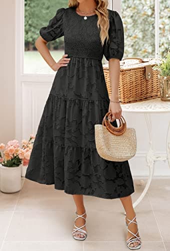 ZESICA Women's 2025 Summer Short Puff Sleeve Crewneck Smocked Floral Lace Flowy A Line Tiered Maxi Dresses,Black,XX-Large - Image 6