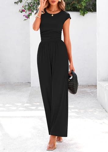 PRETTYGARDEN Summer Jumpsuits for Women Dressy 2025 Ribbed Cap Sleeve Wide Leg Pants Rompers Elegant Casual One Piece Outfits (Black,Medium) - Image 5