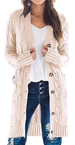 PRETTYGARDEN Long Sleeve Cable Knit Long Cardigan for Women 2025 Fall Winter Chunky Open Front Button Sweaters with Pockets (Off White, Small) - Image 1