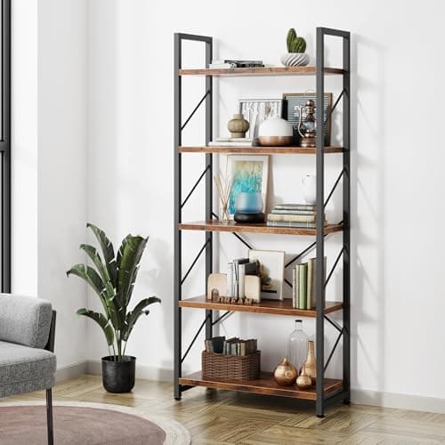 Shintenchi 5 Tiers Bookshelf, Classically Tall Bookcase Shelf, Industrial Book Rack, Modern Book Holder in Bedroom/Living Room/Home/Office, Storage Rack Shelves for Books/Movies-Rustic Brown - Image 1