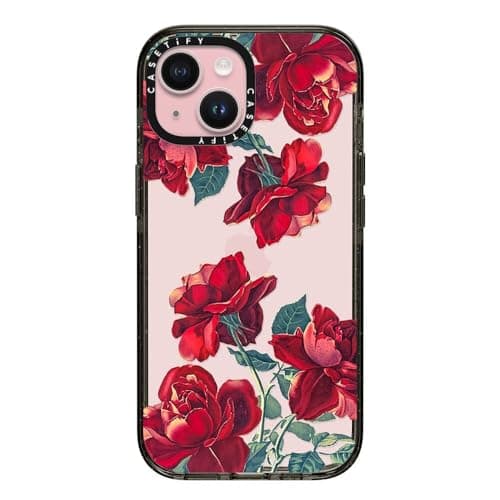 CASETiFY Impact Case for iPhone 15 [Slim / 8.2 ft. 4X Military Grade Drop Protection/Wireless Charging Compatible] - Red Roses (Transparent) - Clear Black - Image 1