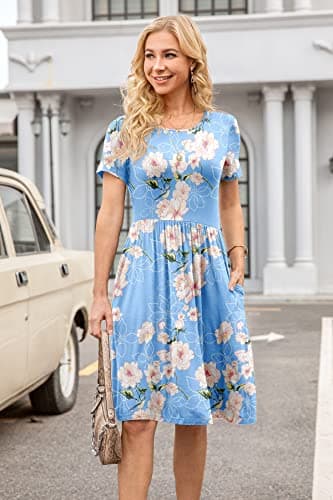 DB MOON Women Summer Casual Short Sleeve Dresses Empire Waist Dress with Pockets (Flower Light Blue, M) - Image 3