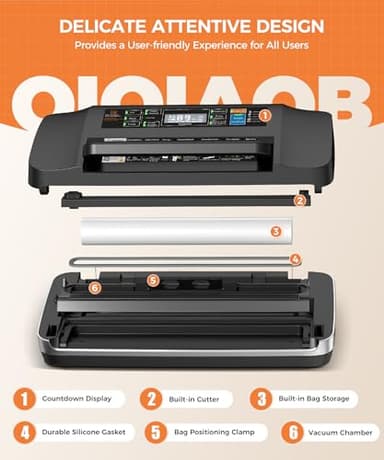 95kpa Vacuum Sealer Machine,Commercial Full Automatic Food Sealer,Powerful Sealing System with Double Heat Seal,Bags Storage, Easy-Lock Handle,Build-in Cutter,1 Bag Rolls & 10 pcs Pre-cut Bags(Silver） - Image 4