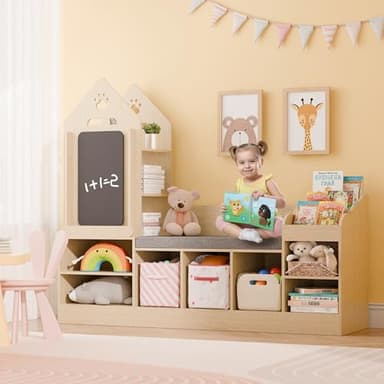 MU Kids Bookshelf with Reading Nook, Wooden Toy Storage Organizer with Chalkboard and Bench, Kids Reading Nook for Boys & Girls, Toddler Toy Shelf for Bedroom, Nursery, Playroom, Natural Oak - Image 6