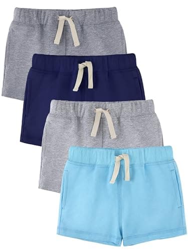 HoeVou Baby Boys Shorts 4-Pack 0-24M | Cotton Knit Pull-On with Adjustable Drawstring Waist & Pockets, Summer Playwear Navy, Blue, Smoke Gray, Gray Set B 3-6M - Image 1