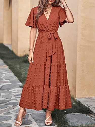 MASCOMODA Womens Boho Swiss Dot Maxi Dresses Wrap V Neck Flutter Short Sleeve Solid Tie Belt A Line Tiered Flowy Long Dress(Orange,X-Large) - Image 6