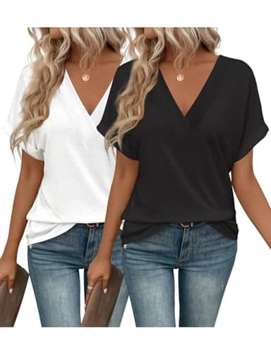 EyMuse 2 PCS Women Beach Fashion Tops V Neck T Shirts 2025 Short Sleeve Trendy Loose Fit Dressy Lightweight Soft Casual Summer Outfits Tees,White+Black,L - Image 1