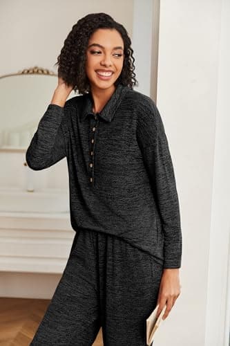 Ekouaer Womens Fall Pajamas Lounge Sets Long Sleeve Button Down Sleepwear Nightwear Soft Pjs Lounge Sets Black, Small - Image 3