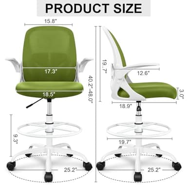 Primy Drafting Chair Tall Office Chair with Flip-up Armrests Executive Ergonomic Computer Standing Desk Chair with Lumbar Support and Adjustable Footrest Ring (AvocadoGreen) - Image 2
