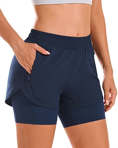 Stelle Women 2 in 1 Running Shorts High Waisted Athletic Shorts Gym Workout Shorts with Liner Zipper Pockets (Navy, L) - Image 1