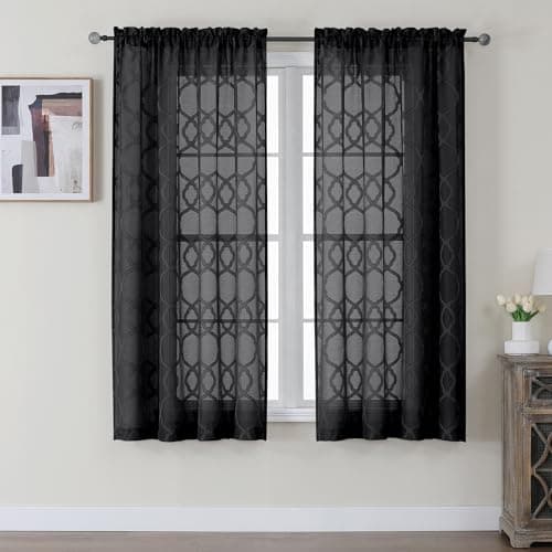 OWENIE Sheer Black Curtains 45 Inch Length 2 Panels, Geometric Jacquard Clip Textured Short Sheer Curtains for Small Window, Modern Elegant Bathroom Curtains Panels/Drapes Semi Sheer, Each 42x45 inch - Image 1