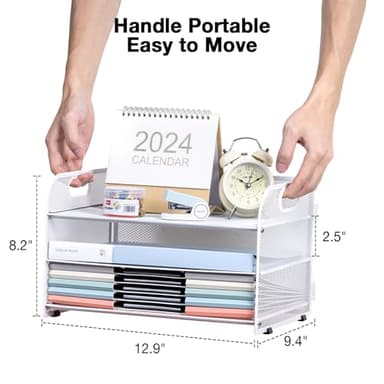 NCXTKJ 3-Tier Letter Tray Paper Organizer with Handle,Compact Mesh Desk File Organizer for Home Office Supplies Desktop Accessories,White - Image 3