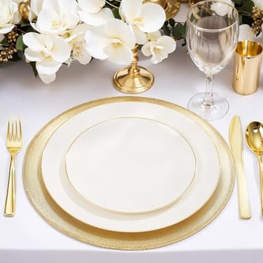 Nervure 100Pcs Ivory and Gold Plastic Plates - 10.25inch Disposable Ivory Dinner Plates - Heavy Duty Plastic Plate Ideal for Wedding & Party & Thanksgiving - Image 6