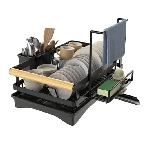 Yawinhe Dish Racks for Kitchen Counter, Space-Saving Drainers with Removable Utensil Holder, Drainboard and Spout, for Knives, Spoons, and Forks, Black - Image 1