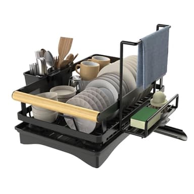Yawinhe Dish Racks for Kitchen Counter, Space-Saving Drainers with Removable Utensil Holder, Drainboard and Spout, for Knives, Spoons, and Forks, Black - Image 1