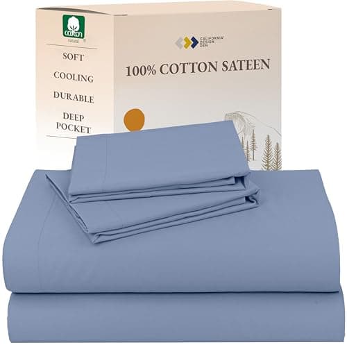 Queen Sheet Set - Natural 100% Cotton Sheets Queen Size Bed Set with Deep Pockets, Soft Sateen Weave, Breathable, Cooling and Durable Bedding by California Design Den (Blue Hydrangea) - Image 1