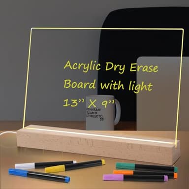 Acrylic Dry Erase Board with Light Up Stand for Desk 13 x 9, Clear Desktop Note Memo White Board Notepad Table LED Letter Massage Boards for Personal Creative Use Includes Dry Erase Markers - Image 1