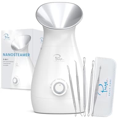 Pure Daily Care NanoSteamer Large 3-in-1 Nano Ionic Facial Steamer with Precise Temp Control - Humidifier - Unclogs Pores - Blackheads - Spa Quality - Bonus 5 Piece Stainless Steel Skin Kit (Silver) - Image 1