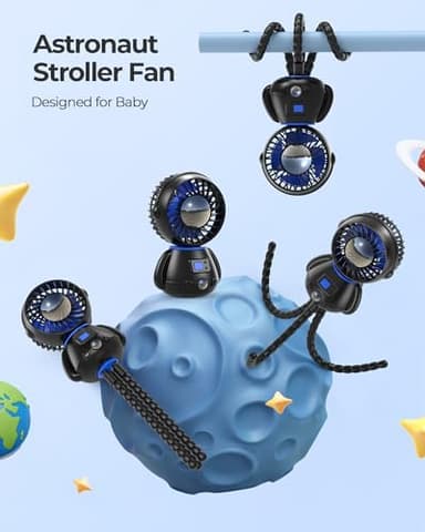 Koonie Astronaut Portable Stroller Fan, Baby-Safe Clip-on with Detachable Flexible Tripod, Rechargeable Battery-Operated, 3-Speeds, 270° Rotation - Ideal for Car Seats, Cribs, Treadmills, Travel - Image 2