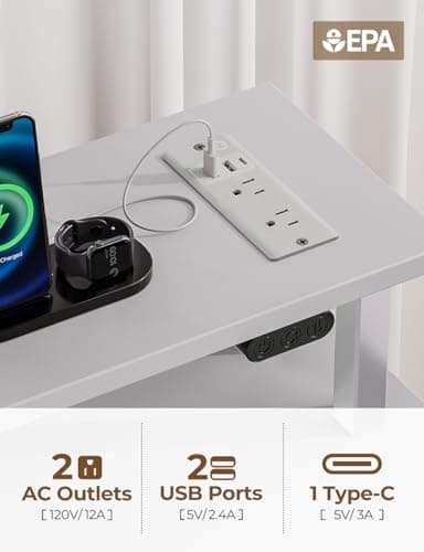 Seventable Computer Desk with Power Outlets & LED Light, 47 inch Home Office Desk with 5 Drawers, Writing Desk with Monitor Stand, Work Desk for Home Office, White - Image 7