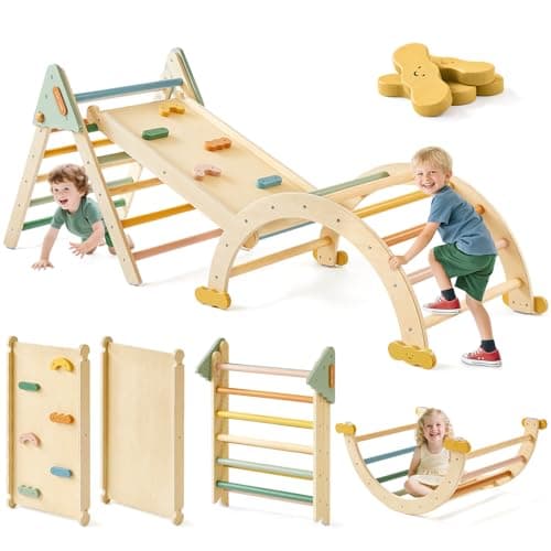 Tiny Land Pikler Triangle Set,7-in-1 Foldable Montessori Toddler Climbing Toys Indoor, Wooden Playground Jungle Gym for Kids, Climber Gift for Boys & Girls Toddler Climbing Toys (Morandi) - Image 1