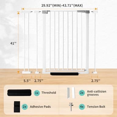 41 Inch Tall Baby Gate Auto Close Dog Gate Adjustable 29.92"-43.71" Wide Pressure Mounted Walk Through Swing Pet Gate for Doorways (White, 29.92"-43.71" Wide) - Image 2