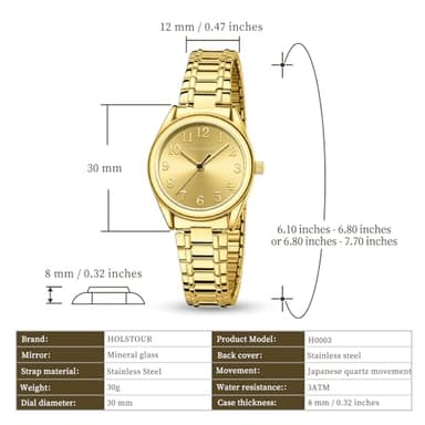 HOLSTOUR Watches for Women Easy Reader Watch with Stainless Steel Expansion Band, Gold Analog Dial 30M Resistant (6.10in-6.80in) - Image 4