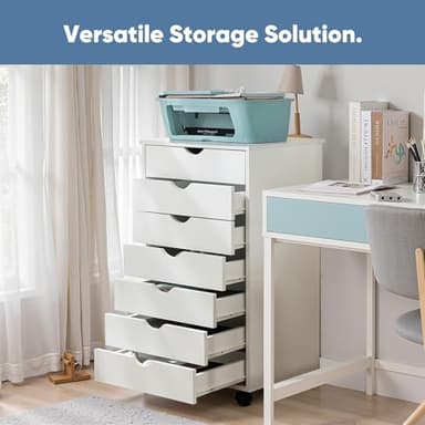 OLIXIS 7 Drawer Mobile File Cabinet Under Desk Storage Organization with Wheels Vertical Filing Chest Rolling Wood Small Desk Printer Stand for Home Office, 15.75"D x 18.74"W x 34.25"H, White - Image 5