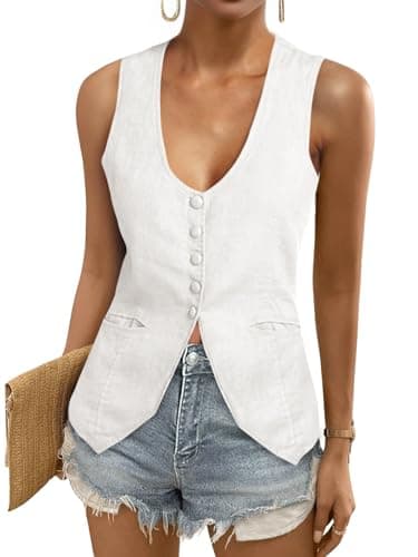 Tankaneo Womens Scoop Neck Blazer Vest Summer Linen Sleeveless Fitted Waistcoat Work Casual Cotton Suit Tops - Image 1