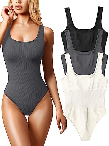OQQ Women's 3 Piece Bodysuits Sexy Ribbed Sleeveless Square Neck Tank Tops Leotard 2025 Trendy Outfits Black Darkgrey Beige - Image 1