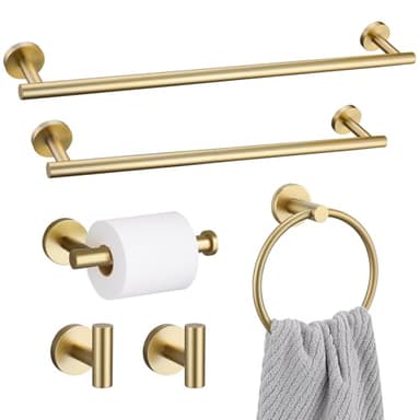Bathroom Towel Holder Set, 6 Pieces Brushed Gold Towel Bar Bathroom Hardware Accessories Set, SUS304 Stainless Steel Towel Rack Towel Ring Toilet Paper Holder Set Wall Mounted - Image 1