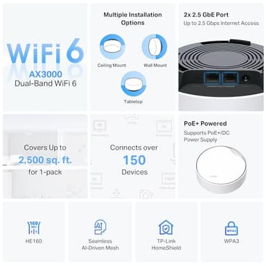 TP-Link Deco X50-PoE AX3000 PoE Mesh WiFi - Ceiling/Wall-Mountable WiFi 6 Mesh, Replacing WiFi Router, Access Point and Range Extender, PoE-Powered, 2 x 2.5G PoE Ports, Deco X50-PoE(1-Pack) - Image 3