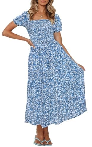 ZESICA Women's 2025 Summer Boho Floral Print Square Neck Ruffle Swing Beach Long Maxi Dress,Blue2,Large - Image 1