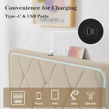 VECELO Upholstered Twin Bed Frame with Headboard Adjustable, Velvet Platform Bed with LED Lights, Charging Station, Mattress Foundation with Wooden Slats, Noise Free, No Box Spring Needed, Beige - Image 4