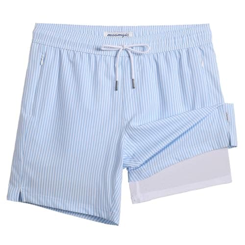 maamgic 2 in 1 Mens Swim Trunks 7 Inch Swim Shorts Swim Suits Board Shorts Blue Stripe-White Large - Image 1