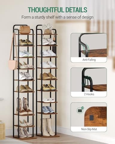 Hzuaneri 10 Tiers Vertical Shoe Rack, Narrow Shoe Tower, Tall Shoes Shelf with 2 Hooks, Adjustable Shelves, Corner Shoes Shelves for Small Spaces, Entryway, Living Room, Rustic Brown SR11201B - Image 3