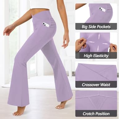 Women's Flare Leggings with Pockets-Crossover High Waisted Bootcut Yoga Pants-Tummy Control Workout Leggings Bell Bottom Work Pants Purple - Image 5