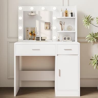 LIVELYGLOW Lighted Makeup Vanity Desk, 35.4“W x 15.7'”D x 54“H, White (with Lights and Mirror, Dimming Function, 2 Drawers and 1 Cabiniet, Open Shelves) by Boahaus - Image 1