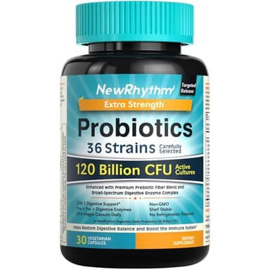 NewRhythm Probiotics 120 Billion CFU 36 Strains, 3-in-1 Probiotics for Digestive Health & Immune Support with Prebiotics & Enzymes, Probioticos for Women & Men, Vegan Targeted Release Supplement, 30ct - Image 1