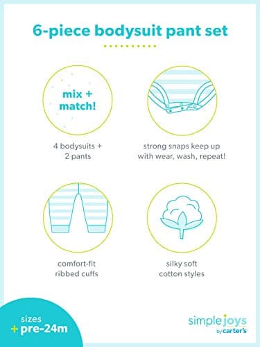 Simple Joys by Carter's Unisex Babies' 6-Piece Bodysuits (Short and Long Sleeve) and Pants Set, Grey Heather/White Animal Print/Avocados/Stripe/Text Print, 0-3 Months - Image 6