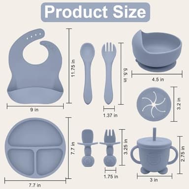 Munlinder Silicone Baby Feeding Set | Baby Led Weaning Supplies Includes Suction Bowls and Divided Plates, Adjustable Bib, Baby Utensils Spoons and Forks,Cup | Baby Feeding Essentials (Blue Gray) - Image 6