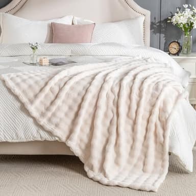 Faux Fur Bed Blankets King Size Off White, Soft Fluffy Bubble Blanket for Couch Sofa, Thick Warm Plush Fuzzy Rabbit Fur Large Blanket for All Season Use, 90"X 90" - Image 6