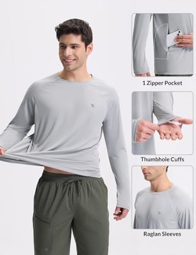 baleaf Men's Sun Protection Swim Shirts UPF 50+ UV Sun Shirt Quick Dry Long Sleeve Rash Guard Shirt with Zipper Pocket Light Gray M - Image 4