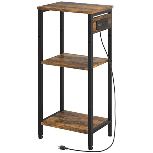 Asgolion Tall End Table with Charging Station, 3 Tier Narrow Tall Nightstand with Storage, Slim Side Table with USB Ports and Outlets for Bedroom, Living Room, Office, Rustic Brown and Black - Image 1
