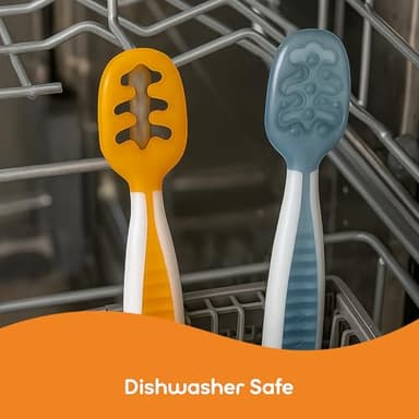 NumNum Baby Spoons Set, Baby Essentials Pre-Spoon GOOtensils for 6+ Months, First Stage Self-Feeding Spoons for Baby Led Weaning (BLW), Silicone Toddler Utensils, BPA-Free, 2 Pack Olive/Newbury Navy - Image 4