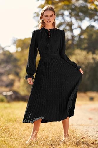 PRETTYGARDEN Women's 2025 Spring Fall Midi Dress Casual Long Sleeve V Neck Swiss Dot Pleated A Line Flowy Dresses (Black,Medium) - Image 3