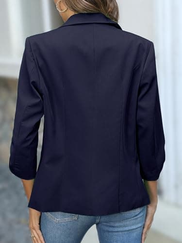 ELLEVEN Womens Blazer Business Casual Suit Jacket Slim Fit Fitted Ruched 3/4 Sleeve Petite Crop Blazer Dressy Full Lining Lightweight Outfits Coat Cardigan with Padded Shoulder Navy Blue X-Large - Image 3