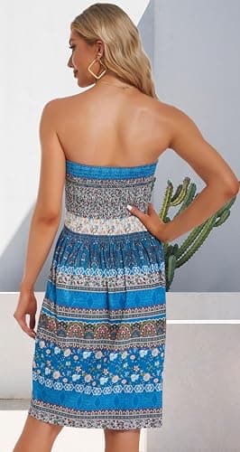 CHICGAL Summer Dresses for Women Beach Cover Ups Strapless Boho Floral Print Sundress(Flower Blue,M) - Image 6