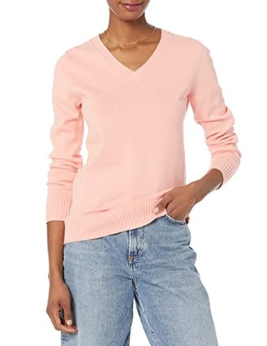 Amazon Essentials Women's Lightweight Long-Sleeve V-Neck Sweater, 100% Cotton, Peach, X-Large - Image 1