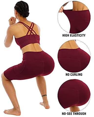 WHOUARE 4 Pack Biker Yoga Shorts with Pockets for Women,High Waisted Athletic Running Workout Gym Tummy Control,Black,Navy,Dark Gray,Burgundy,XXL - Image 4